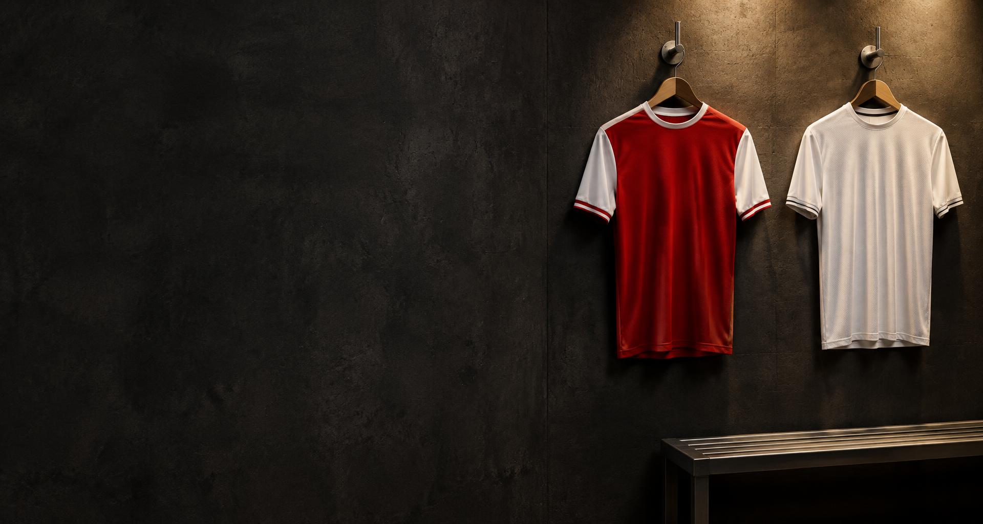 Red and white football jerseys hanging in a concrete locker room